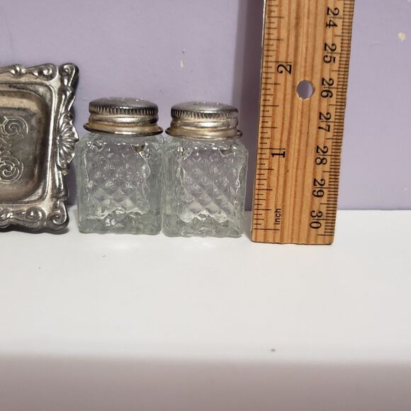 Vintage Mini Glass Silver Plated Salt Pepper Shakers w Tray - Picture 12 of 12